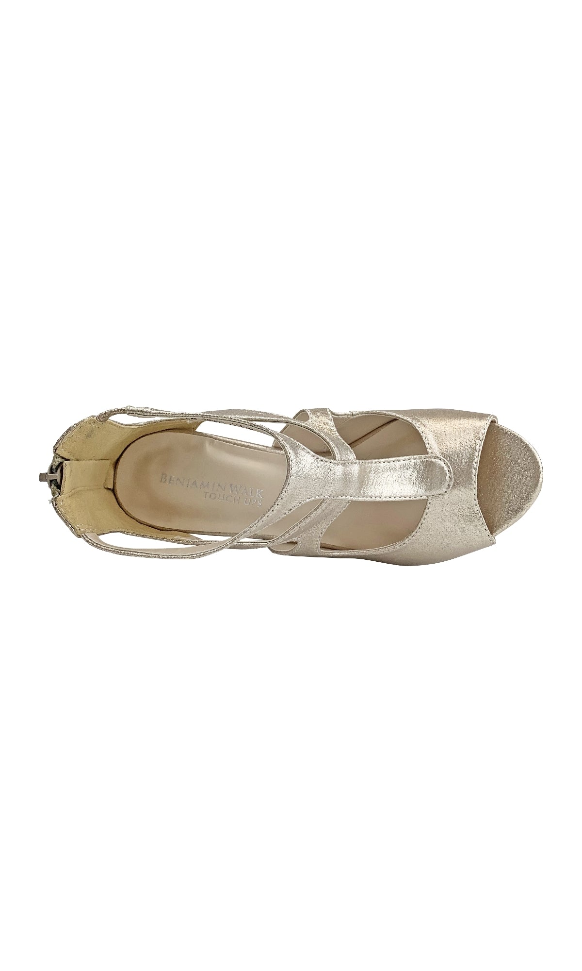 Top view of a Rory Champagne Shimmer Prom Shoe—Touch Ups 4477—with metallic gold open toe, ankle strap, and buckle closure; the perfect chic addition to your champagne shimmer prom shoes collection.